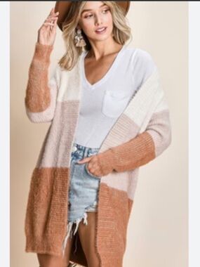 Bibi Colorblock Fuzzy Open Front Cardigan
